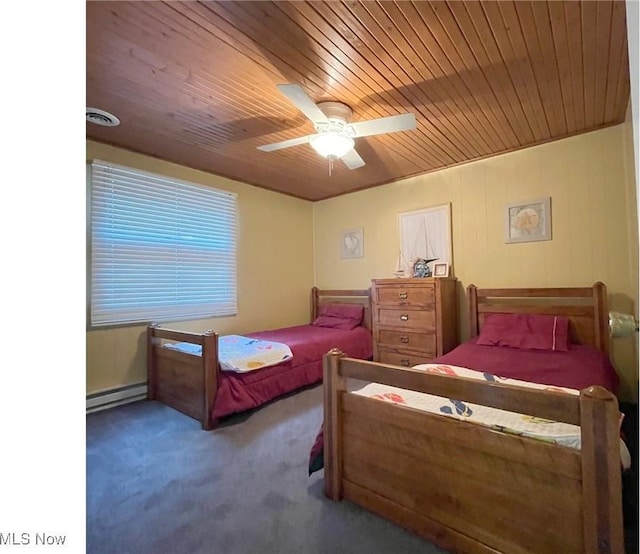 bedroom with visible vents, a ceiling fan, wooden ceiling, baseboard heating, and carpet flooring