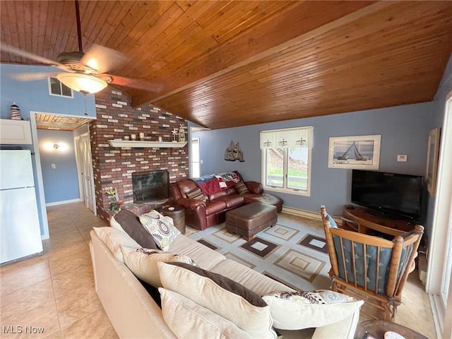 living area with lofted ceiling, visible vents, a brick fireplace, light tile patterned flooring, and wooden ceiling