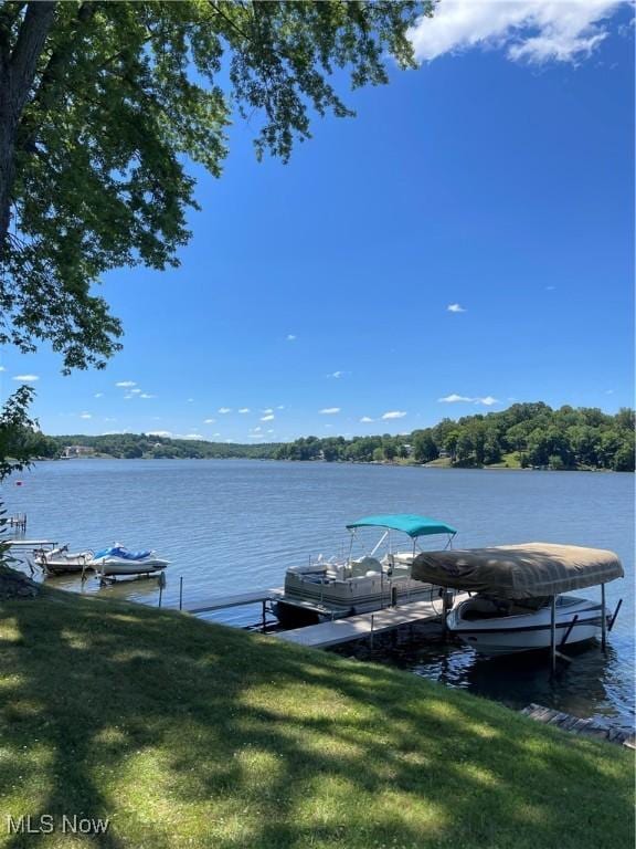 dock area featuring a water view and a lawn