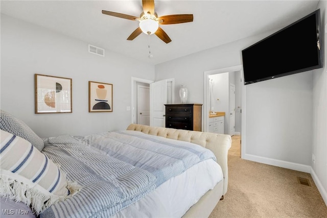 bedroom with baseboards, visible vents, ceiling fan, and light colored carpet