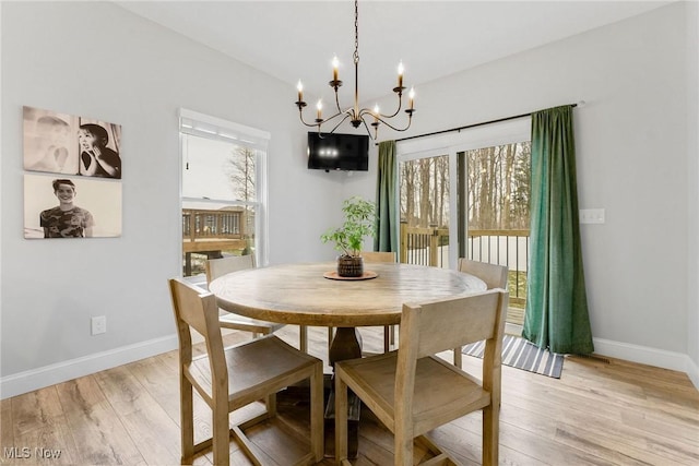 dining space featuring light wood finished floors and baseboards