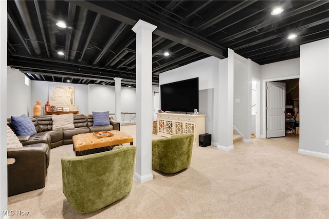 living room featuring carpet, stairway, baseboards, and recessed lighting