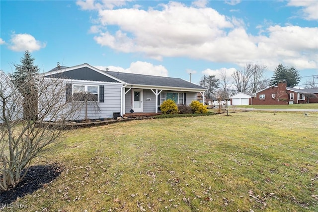 ranch-style home with a porch and a front yard