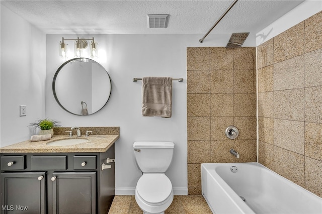 bathroom with visible vents, toilet,  shower combination, a textured ceiling, and vanity