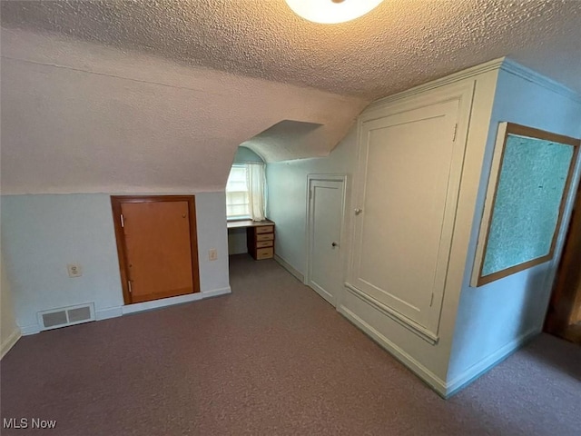 additional living space featuring a textured ceiling, carpet flooring, visible vents, and baseboards