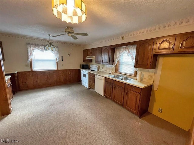 kitchen with a wealth of natural light, white appliances, wainscoting, and a sink