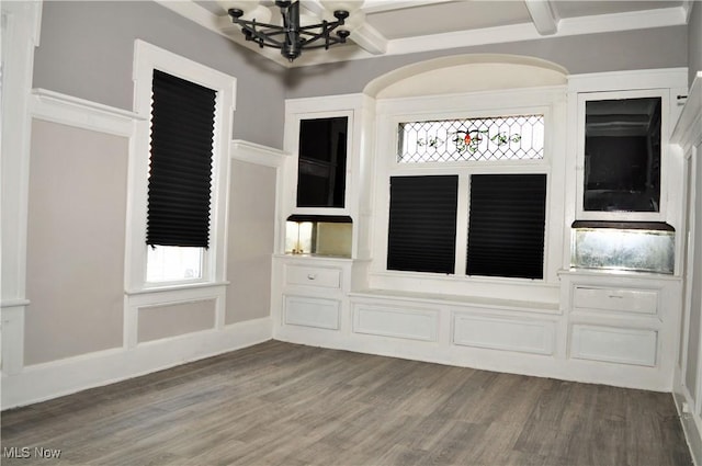 mudroom featuring coffered ceiling, dark wood finished floors, beam ceiling, and a notable chandelier