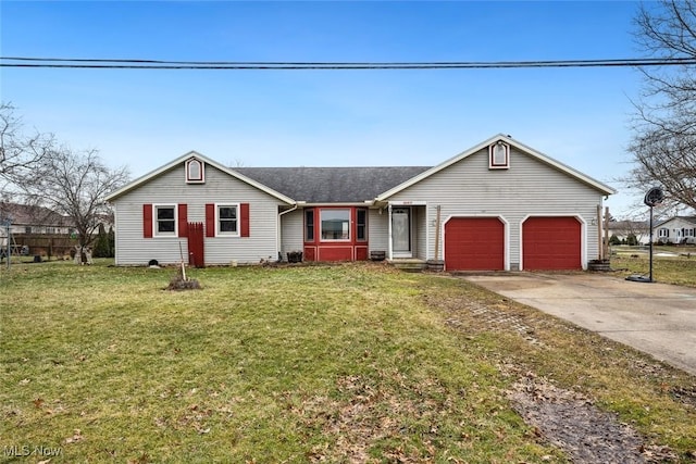 single story home featuring a garage, a shingled roof, concrete driveway, and a front yard