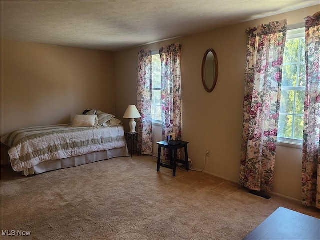 carpeted bedroom with a textured ceiling