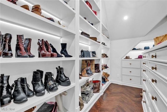 walk in closet featuring vaulted ceiling