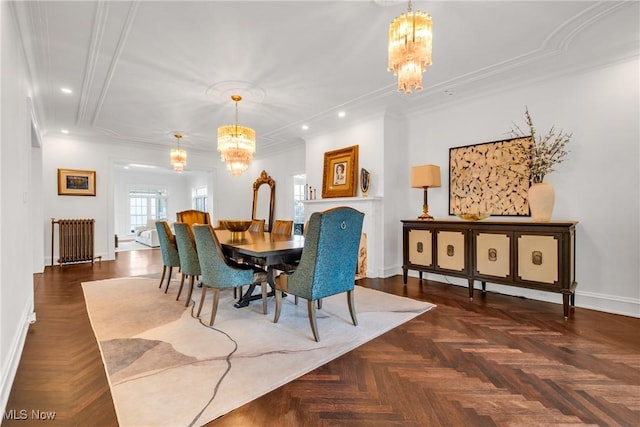 dining area featuring crown molding, radiator, an inviting chandelier, recessed lighting, and baseboards