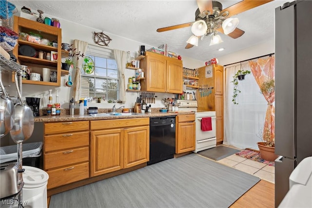 kitchen with white range with electric cooktop, open shelves, a sink, a textured ceiling, and dishwasher