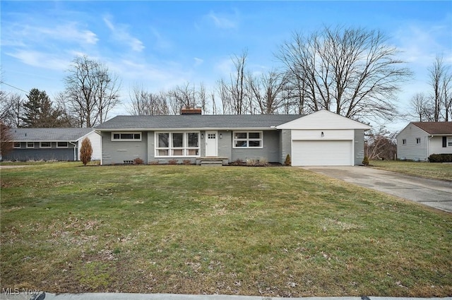 single story home featuring a garage, concrete driveway, a chimney, and a front lawn