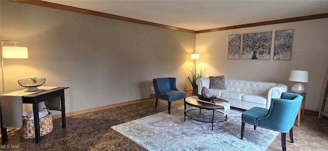 living room featuring ornamental molding and baseboards