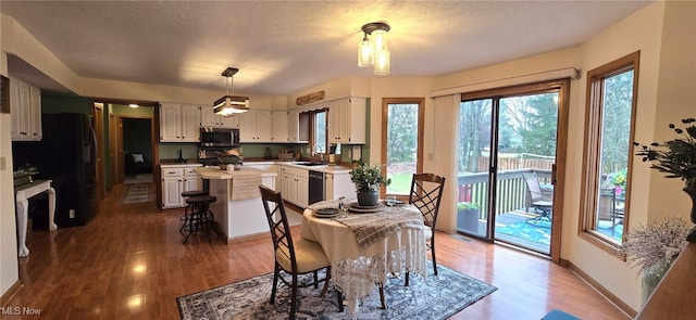 dining room featuring a textured ceiling, baseboards, and dark wood-type flooring