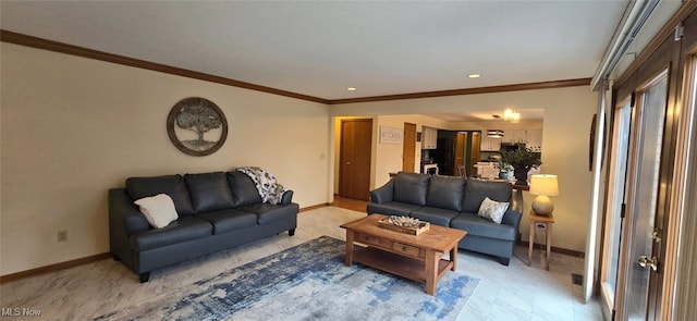 living area with ornamental molding, recessed lighting, and baseboards