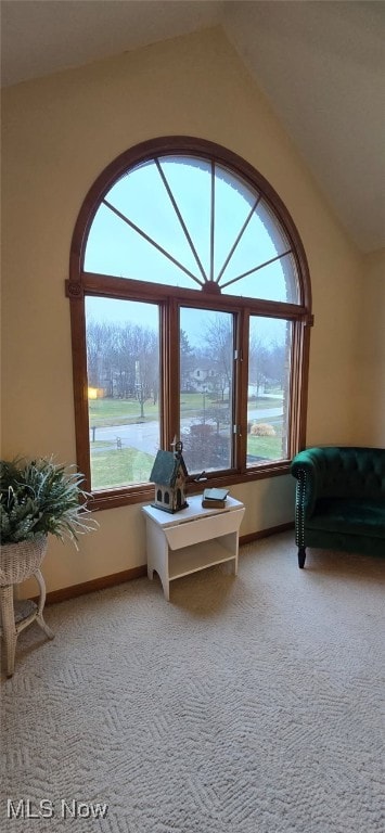 sitting room featuring carpet floors, vaulted ceiling, and a wealth of natural light