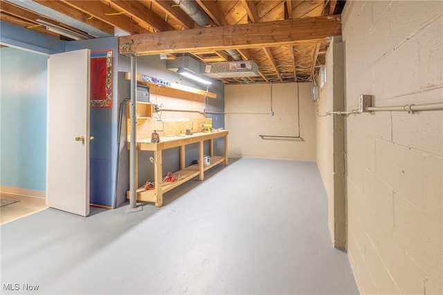 unfinished basement featuring concrete block wall