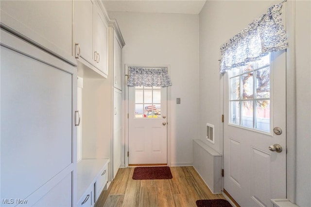 doorway with radiator, visible vents, and light wood-style flooring