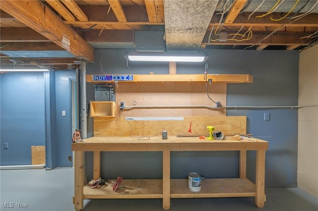 unfinished basement featuring concrete block wall and a workshop area