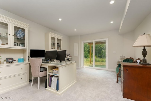 office area featuring baseboards, recessed lighting, and light colored carpet