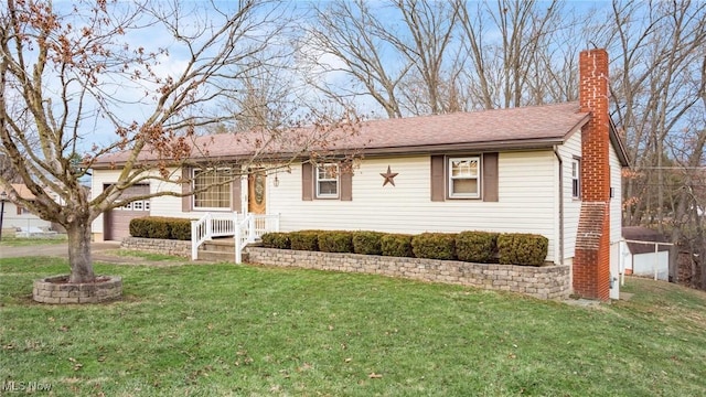 ranch-style house with a front yard, roof with shingles, a chimney, and an attached garage