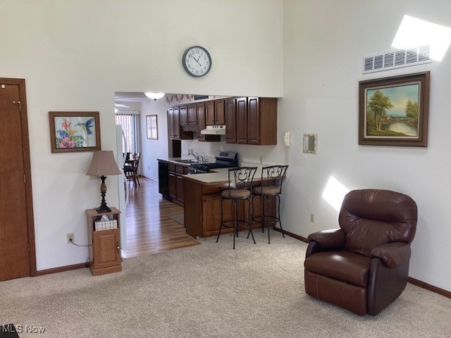 703 Tournament Trl, Cortland, OH 44410 - kitchen with a high ceiling, a kitchen bar, visible vents, and light colored carpet