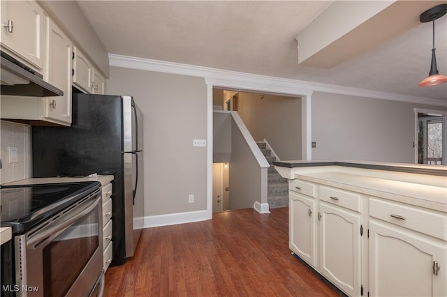 kitchen with dark wood-style floors, white cabinetry, stainless steel electric range oven, and under cabinet range hood