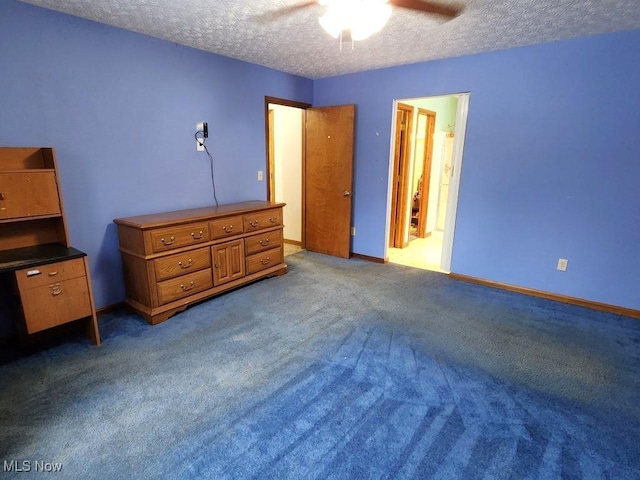 bedroom with a textured ceiling, carpet, a ceiling fan, and baseboards