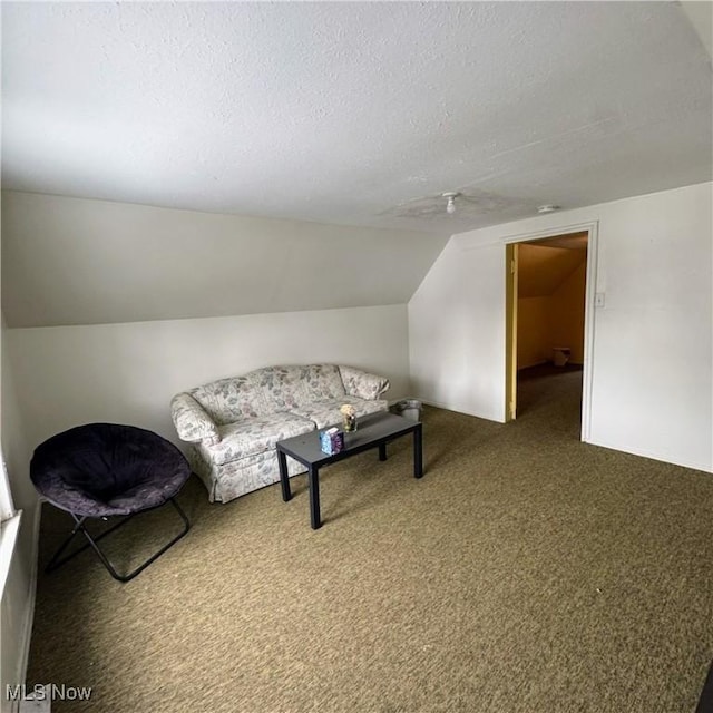 sitting room featuring carpet floors, a textured ceiling, and lofted ceiling