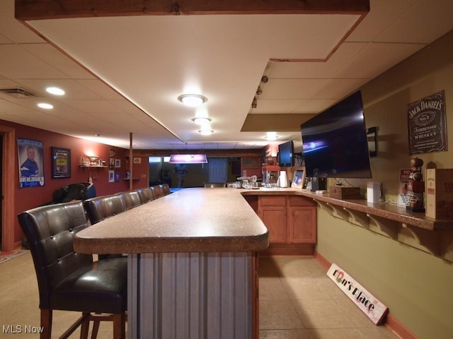 3945 Wheeler Creek Rd, Geneva, OH 44041 - bar featuring visible vents, baseboards, light tile patterned floors, a dry bar, and recessed lighting