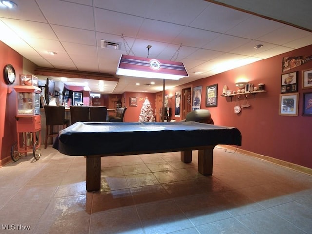 3945 Wheeler Creek Rd, Geneva, OH 44041 - game room with pool table, baseboards, tile patterned floors, visible vents, and a dry bar