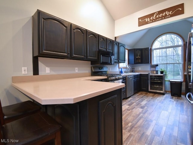 3945 Wheeler Creek Rd, Geneva, OH 44041 - kitchen featuring appliances with stainless steel finishes, light countertops, lofted ceiling, beverage cooler, and a sink