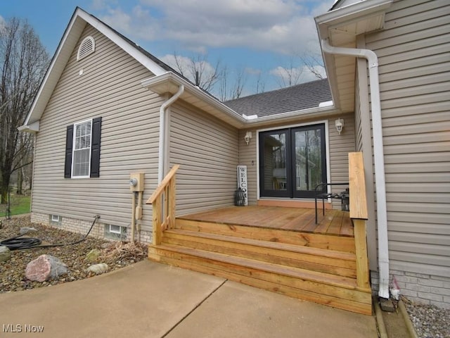 3945 Wheeler Creek Rd, Geneva, OH 44041 - exterior space with french doors and a shingled roof