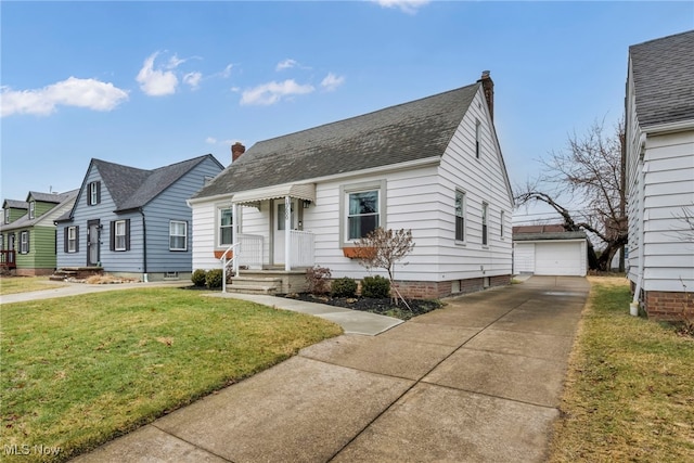 view of front of property featuring a shingled roof, an outbuilding, a chimney, and a front lawn