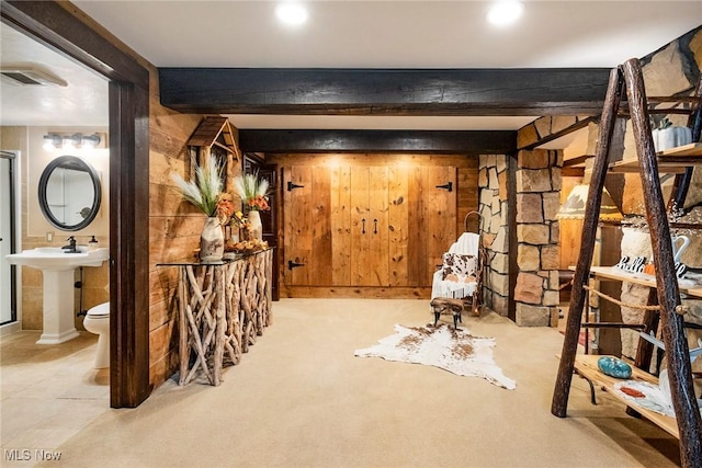 interior space featuring visible vents, a sink, light colored carpet, and wooden walls