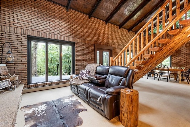 living room featuring carpet, a baseboard radiator, brick wall, high vaulted ceiling, and beamed ceiling