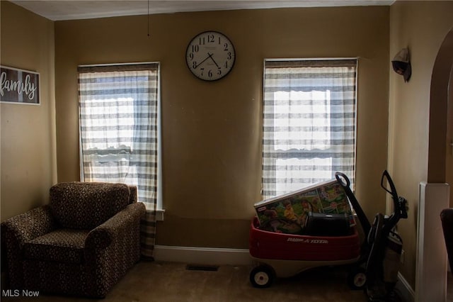 living area with arched walkways, carpet floors, and baseboards