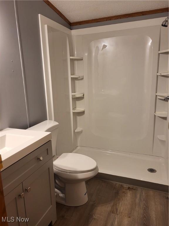 7443 Spillway Rd Lot 25, Lisbon, OH 44432 - bathroom featuring toilet, a shower stall, wood finished floors, and vanity