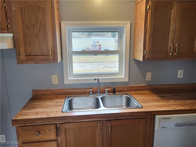 7443 Spillway Rd Lot 25, Lisbon, OH 44432 - kitchen with brown cabinets, white dishwasher, wood counters, and a sink
