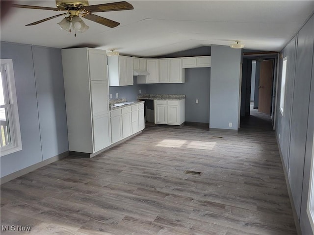 kitchen featuring lofted ceiling, under cabinet range hood, wood finished floors, visible vents, and white cabinets