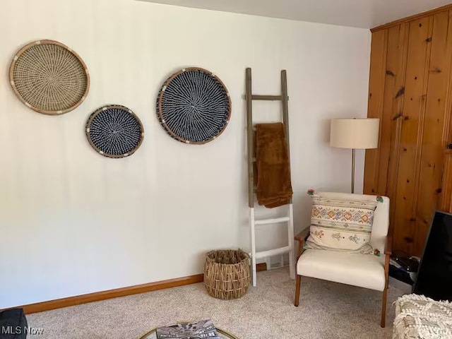 living area featuring carpet and baseboards