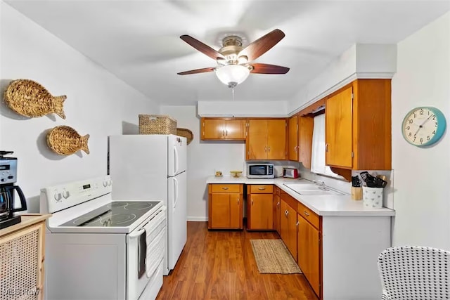 kitchen with brown cabinets, light countertops, a sink, wood finished floors, and white appliances