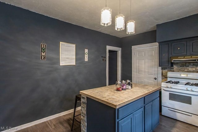 kitchen with dark wood-style floors, a kitchen island, white range with gas cooktop, blue cabinets, and under cabinet range hood