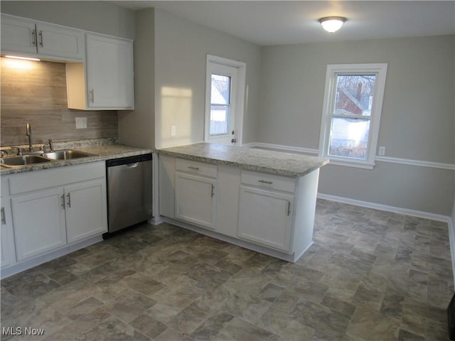 kitchen with dishwasher, backsplash, a peninsula, white cabinetry, and a sink