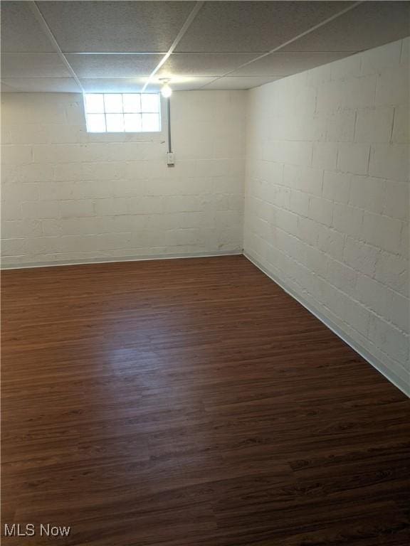 basement featuring concrete block wall and dark wood-type flooring