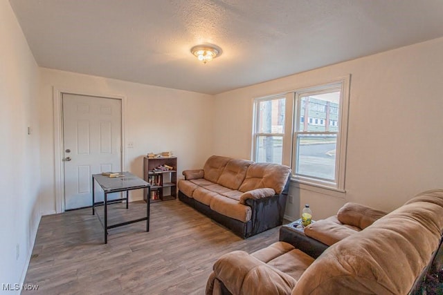 living room with a textured ceiling and wood finished floors