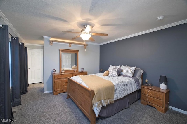 bedroom featuring carpet, crown molding, baseboards, and ceiling fan