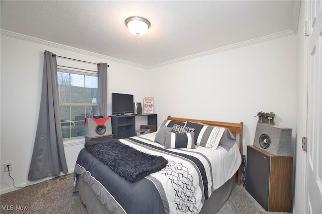 carpeted bedroom featuring crown molding