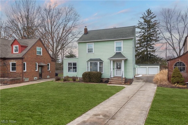 view of front of home featuring a garage, a shingled roof, an outdoor structure, a chimney, and a front yard